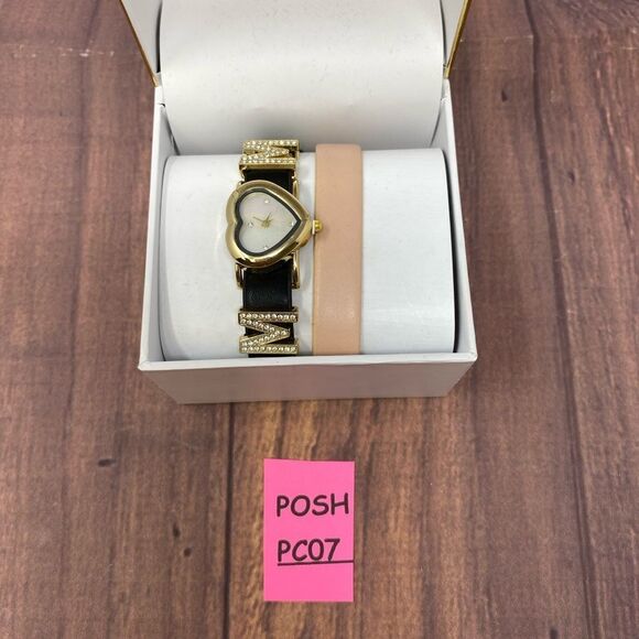 Women's "Mom" Black/Pink Leather Strap GOLD WHITE DIAL Analog Watch 21mm  PC07 - Picture 4 of 5